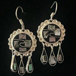 Taxco Mexico Mother Of Pearl Abalone Shell & Black Enamel Silver Metal Earrings